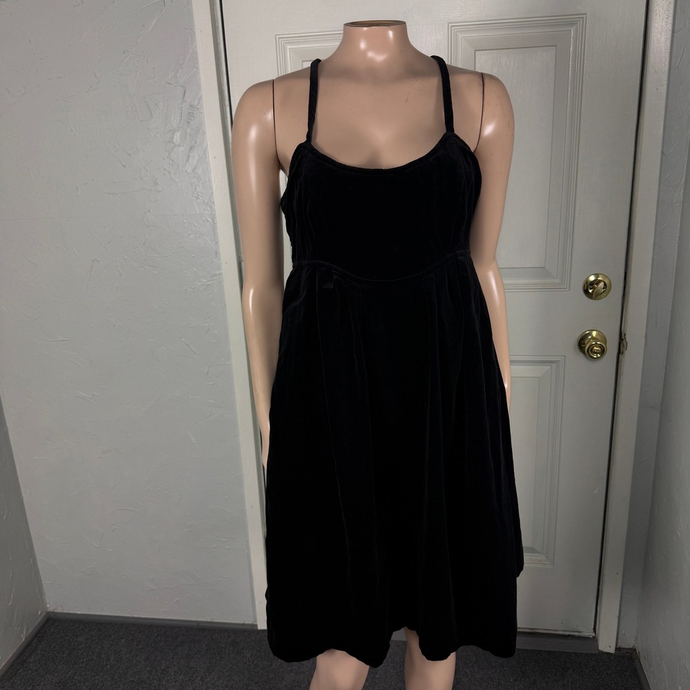 Vintage 70s Velvet Dress 11 Smocked Mini Black Sleeveless Babydoll Pockets LL5